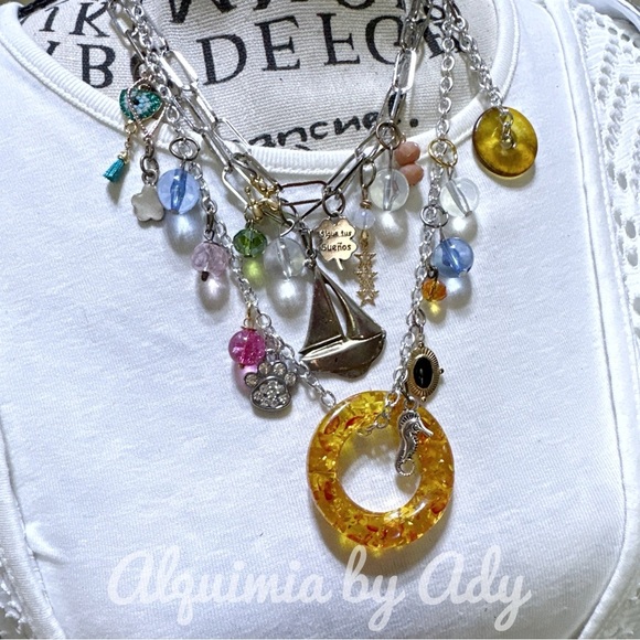 Amber resin brass chunky layered multi charms necklace